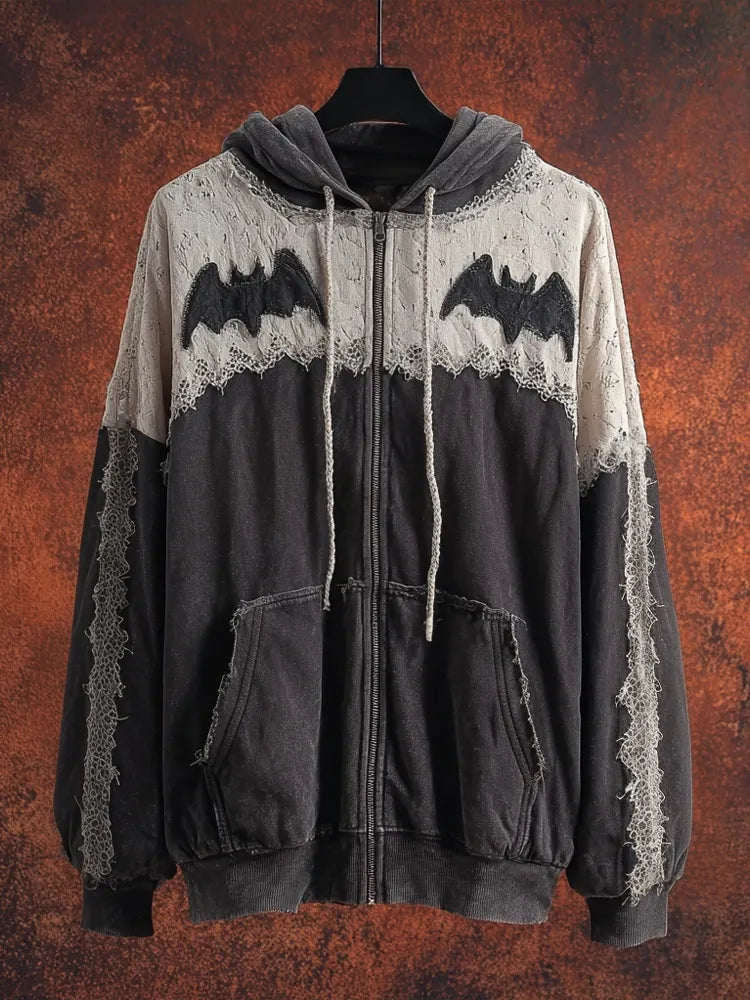 Vintage Halloween Bats Embroidered Lace Patchwork Zip Up Hoodie