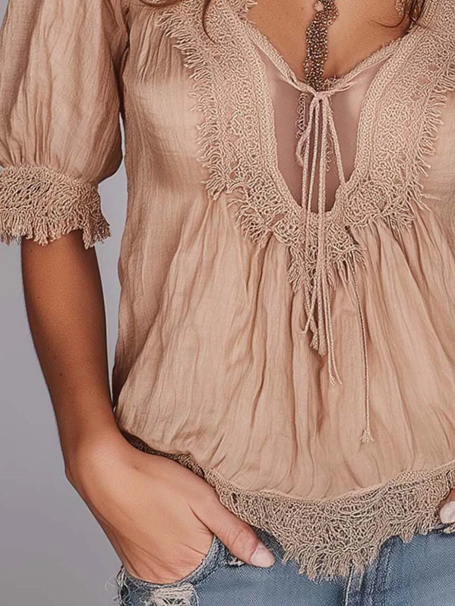 Boho Lace Trim Tencel-linen Puff Short Sleeve Peplum Blouse