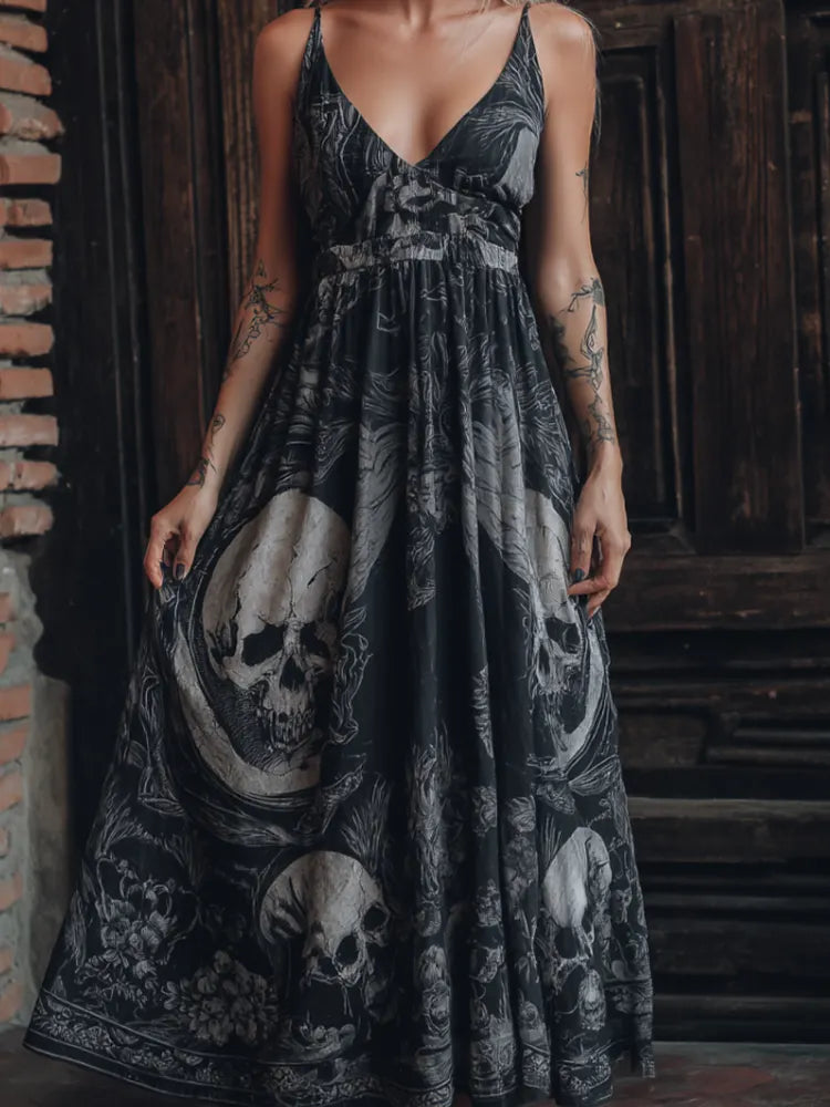 Halloween Gothic Dark Style Skeleton Element Women's V-neck Long Dress