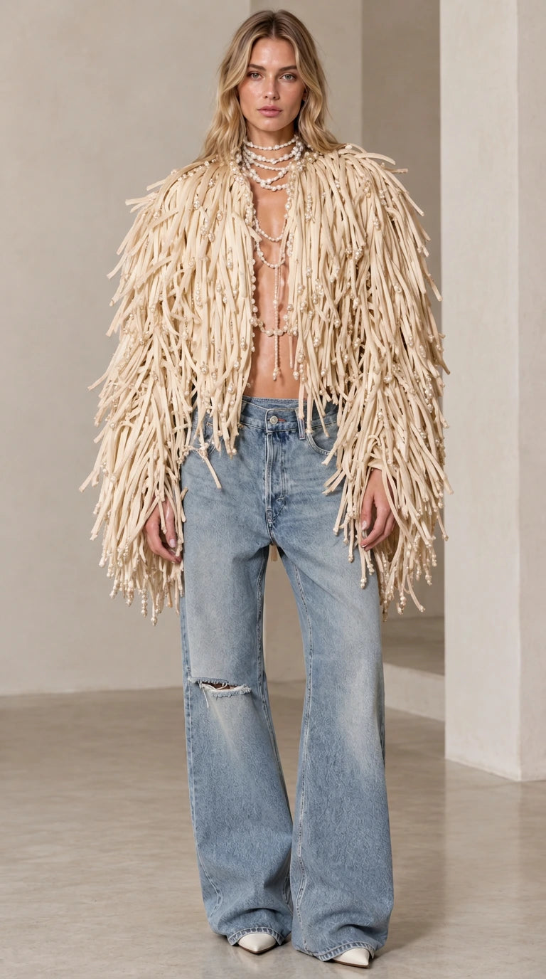 Women's Pearl Embellished Shaggy Fringe Open Front Statement Jacket