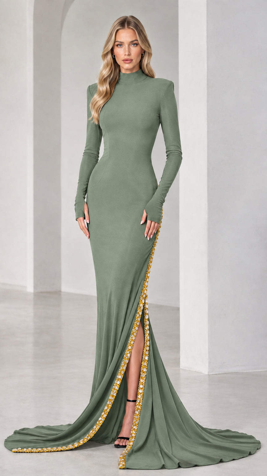 High Neck Long Sleeve Embellished Slit Evening Gown with Train