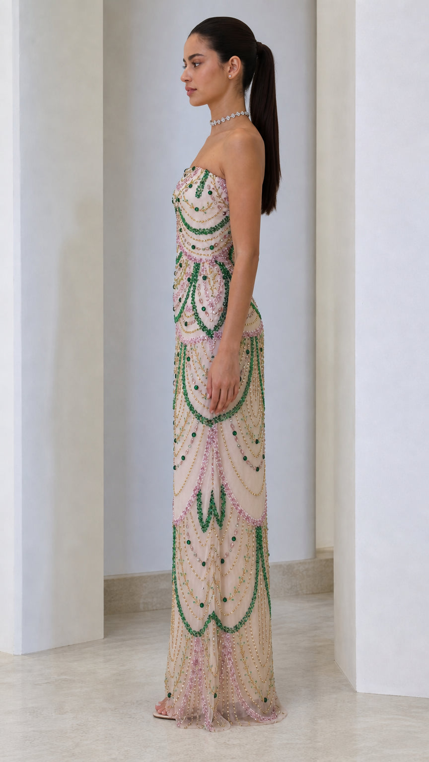 Strapless Scallop Beaded Evening Maxi Dress