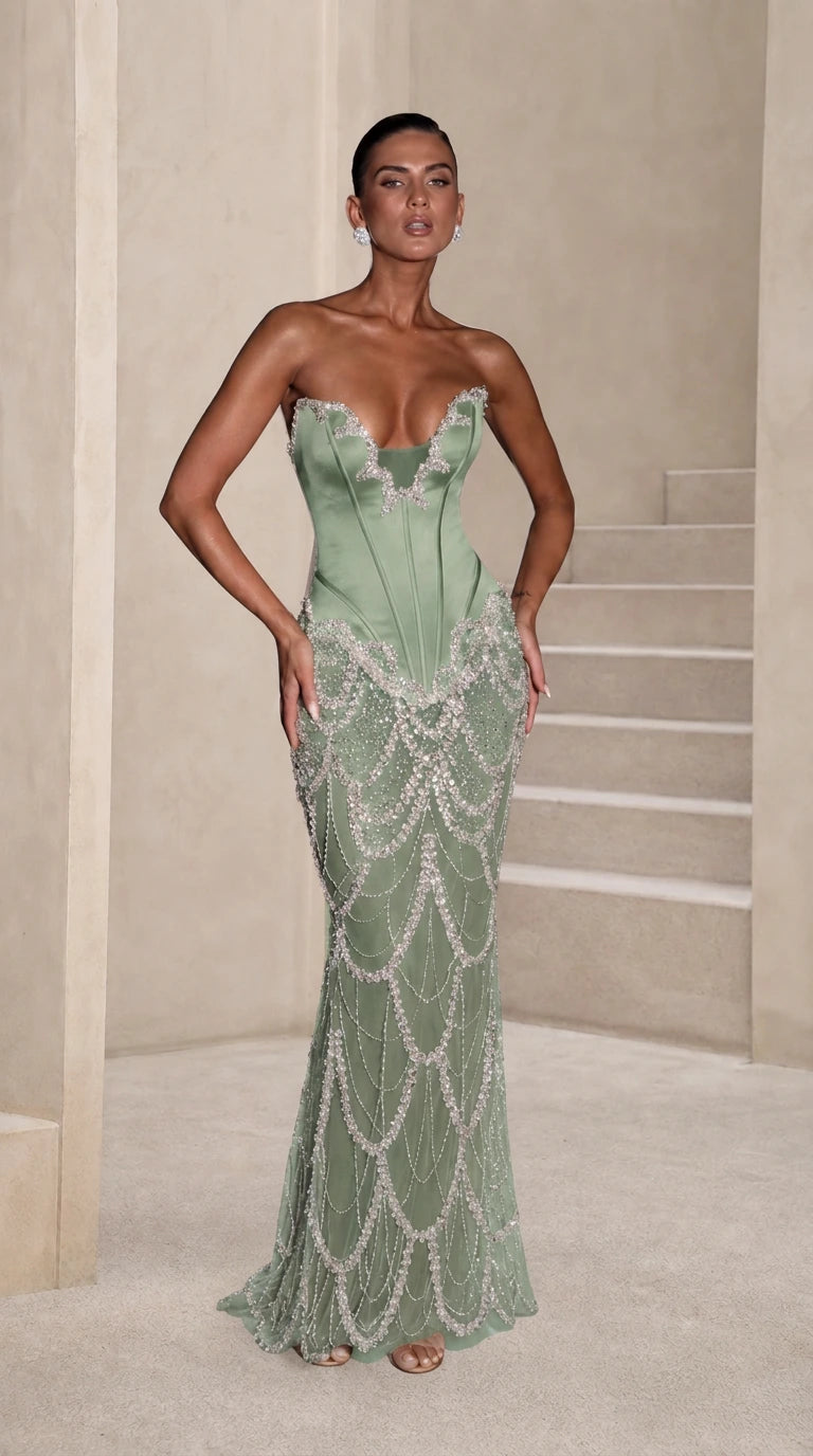 Strapless Beaded Corset Mermaid Evening Gown with Crystal Draping