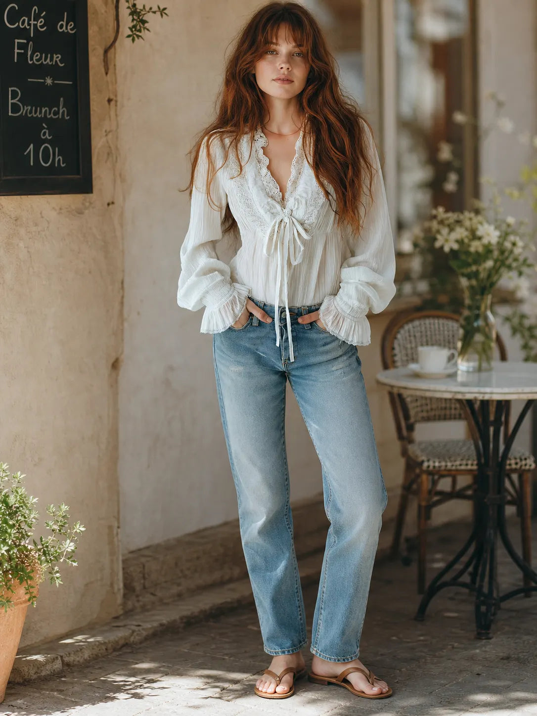 Boho Ruffled V-Neck White Pleated Lace Tie-Front Blouse