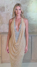 Deep V-Neck Rhinestone Embellished Halter Cowl Neck Maxi Evening Gown