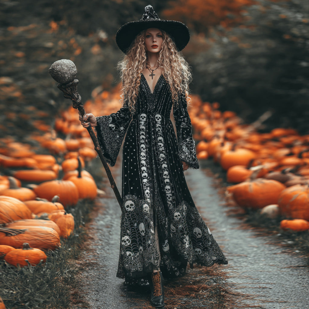 Women's Classic Skull And Spider Web Halloween Art Comfy Velvet Maxi Dress