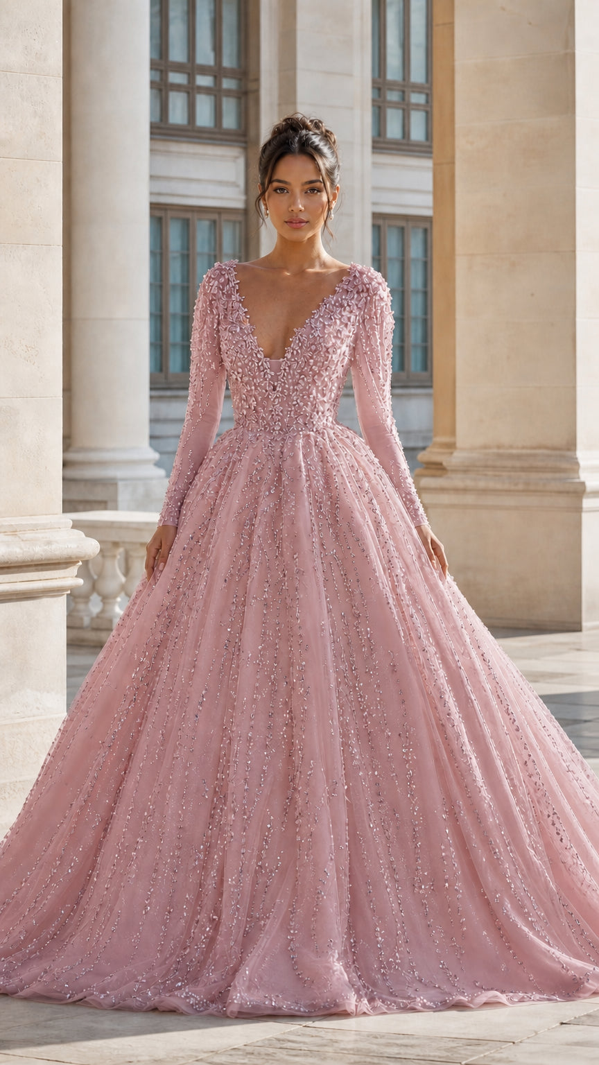 Deep V-Neck Beaded Long Sleeve Tulle Ball Gown Evening Dress