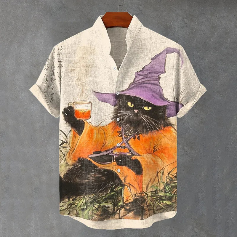 Men's Funny Black Cat Wizard Halloween Print Casual Shirt