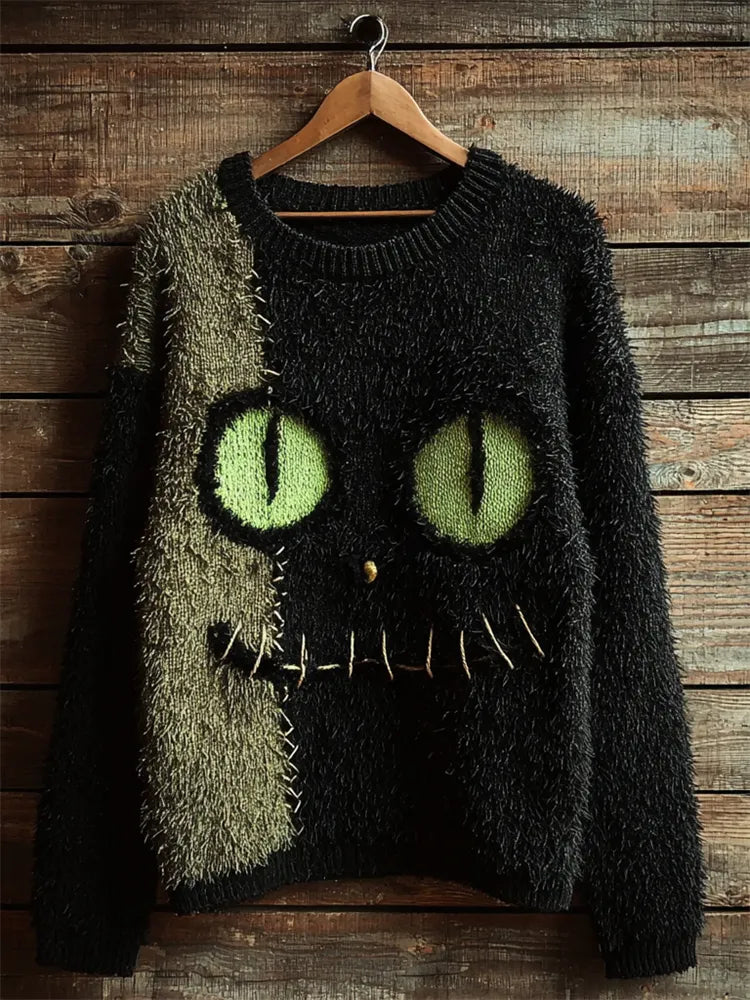 Halloween Fuzzy Black Cat Inspired Contrast Cozy Knit Sweater