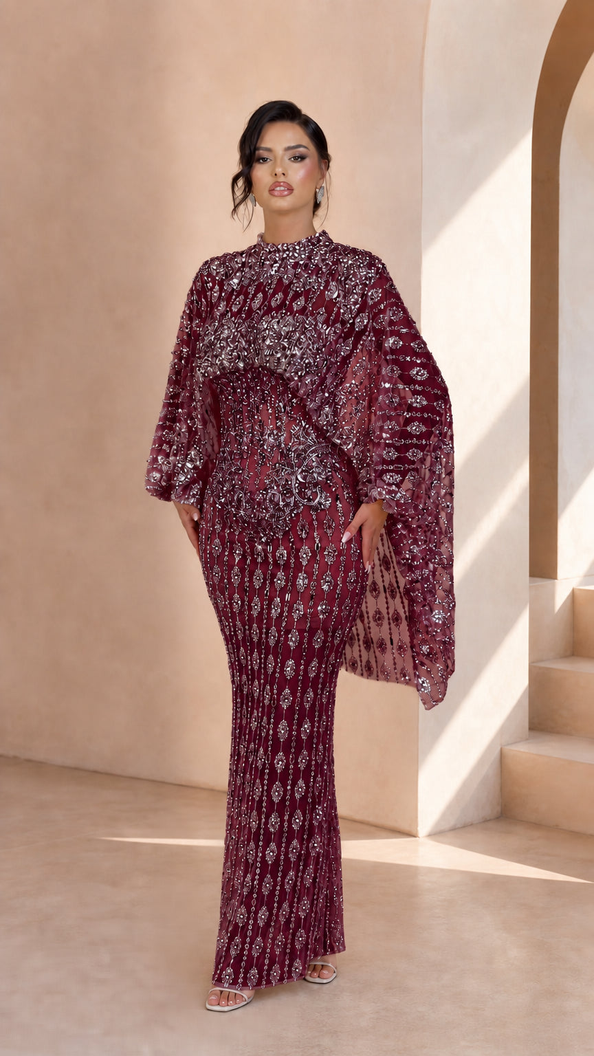 Embellished Cape Sleeve High Neck Formal Evening Maxi Dress
