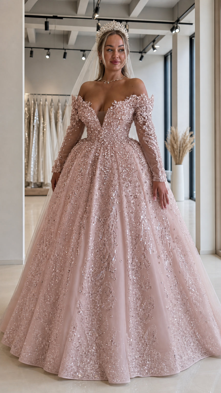 Off-the-Shoulder Long Sleeve Beaded Sequin Ball Gown Wedding Dress
