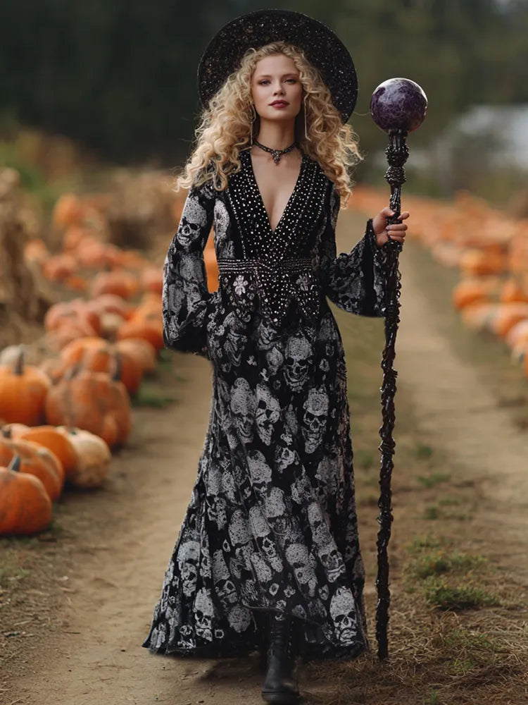 Women's  Classic Halloween Skull Art Comfy Velvet Maxi Dress