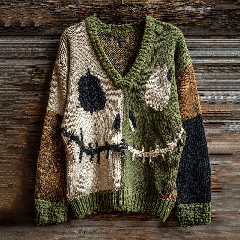 Halloween Spooky Face Contrast Stitching Comfortable Knitted V-neck Sweater