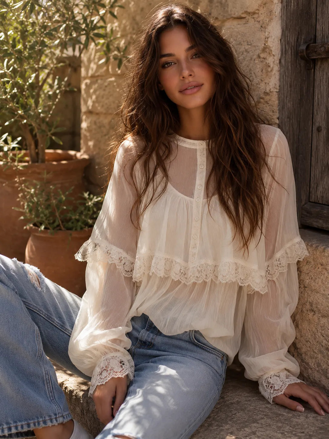 Boho Lace Trim Sheer Balloon Sleeve Button Blouse