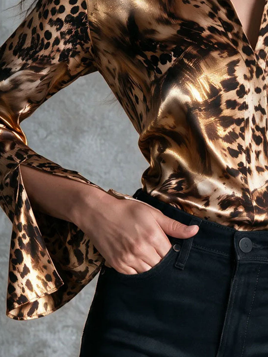 Vintage Brown Luxury Shiny Satin Leopard Blouse With Split Sleeve