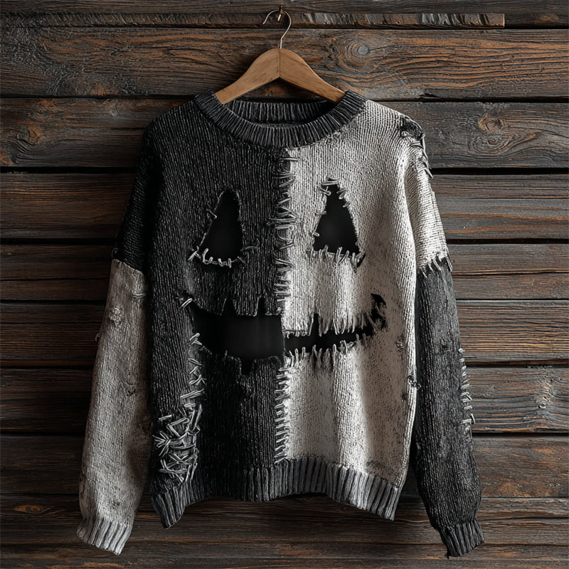 Halloween Pumpkin Face Contrast Stitched Cozy Knit Sweater