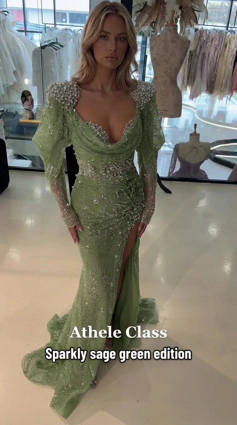 Sparkling Beaded Cowl Neck Long Sleeve Evening Gown with Slit