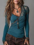 Boho Lace Panel Ruched Long Sleeve Top