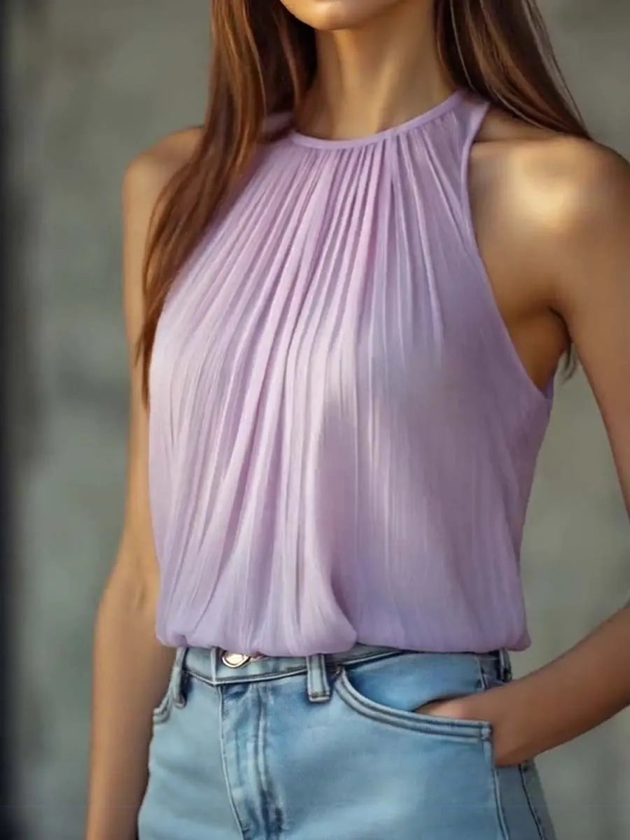 Vintage Pleated Halter Neck Chiffon Blouse