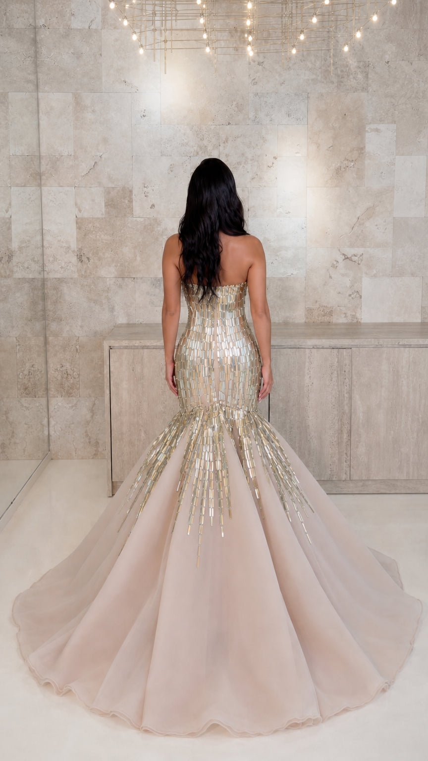 Strapless Beaded Mermaid Evening Gown with 3D Floral Accents and Dramatic Overskirt