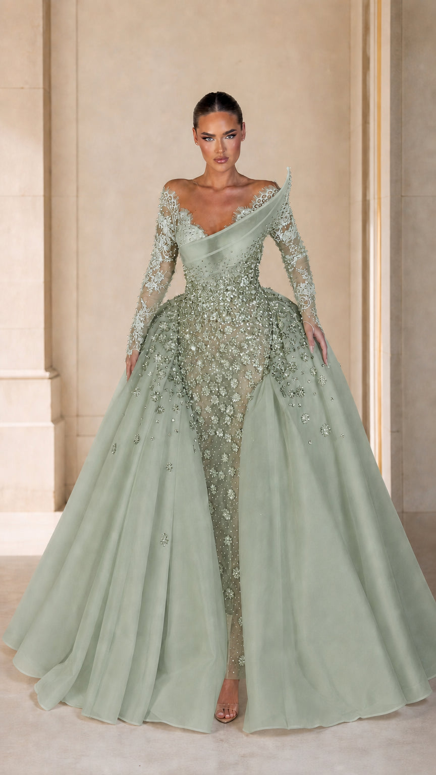 Asymmetrical Embellished Long Sleeve Evening Gown with Detachable Overskirt