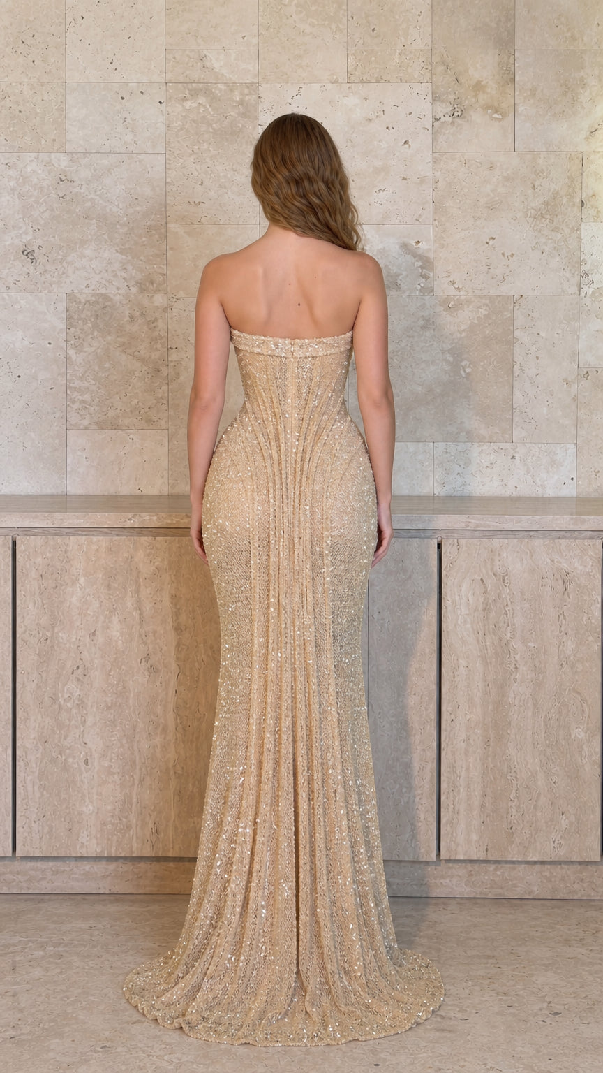 Strapless Sequin Pleated Illusion Cutout Evening Gown with High Slit