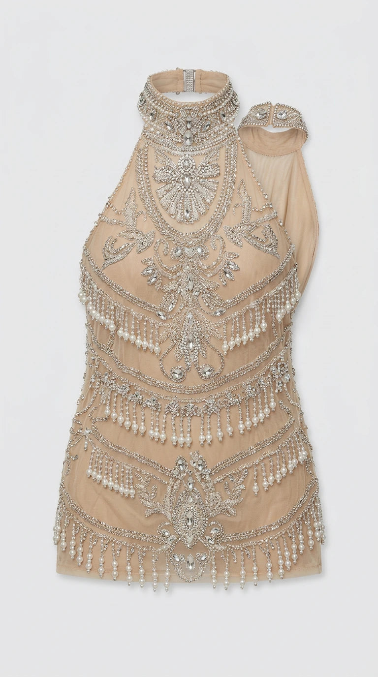 Halter Neck Beaded Fringe Mini Dress with Open Back