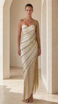 One-Shoulder Beaded Fringe Evening Gown with Metallic Leaf Embroidery