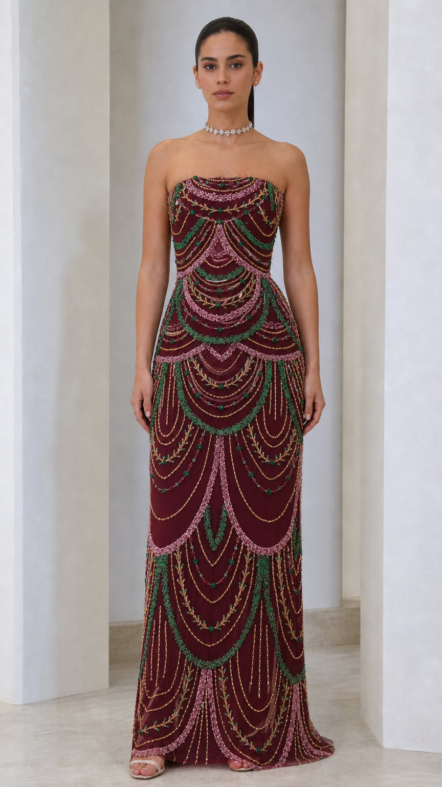Strapless Scallop Beaded Evening Maxi Dress
