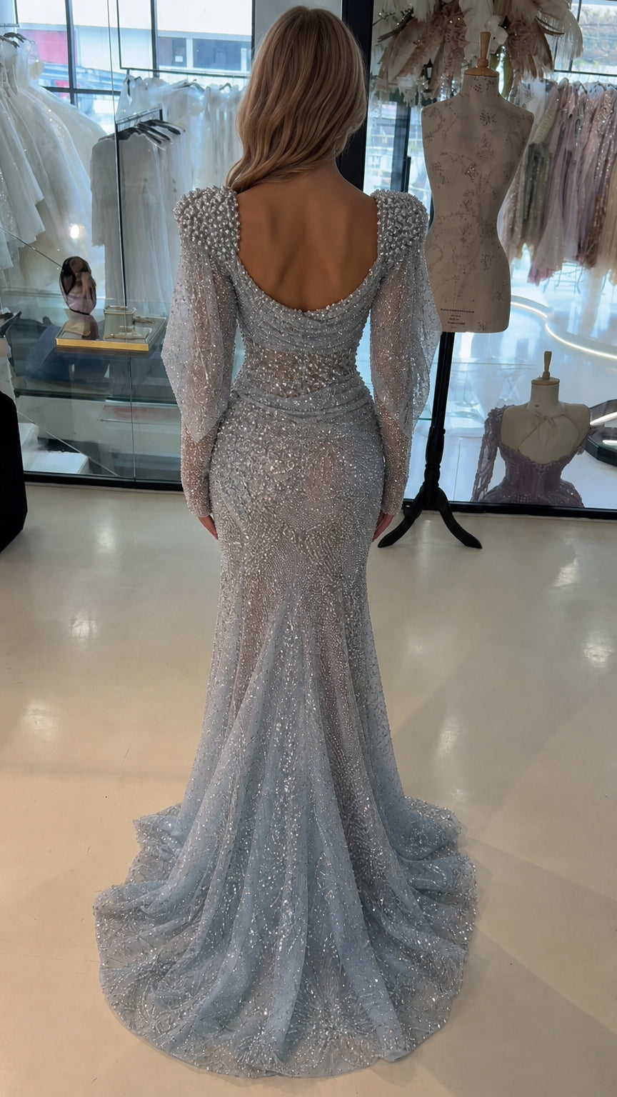 Sparkling Beaded Cowl Neck Long Sleeve Evening Gown with Slit