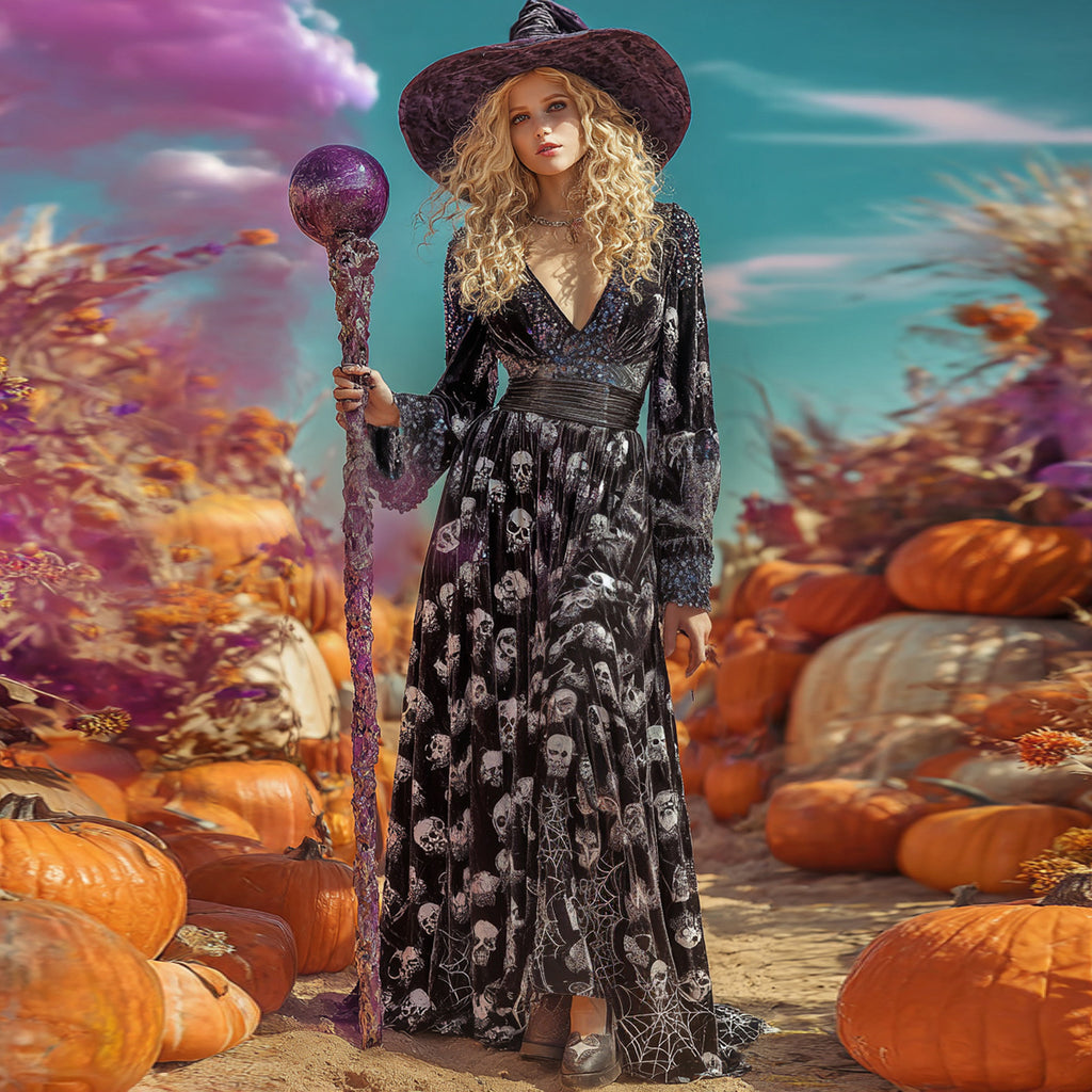 Women's  Vintage Halloween Skull Art Comfy Velvet Maxi Dress