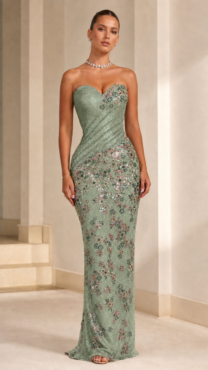 Strapless Sweetheart Pleated Sequin Floral Mermaid Evening Gown