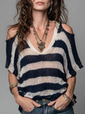 Boho Striped Knit Blouse With Cut-Out Shoulders
