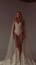 Embellished Corset Bodysuit with Embroidered Floor-Length Tulle Cape Set
