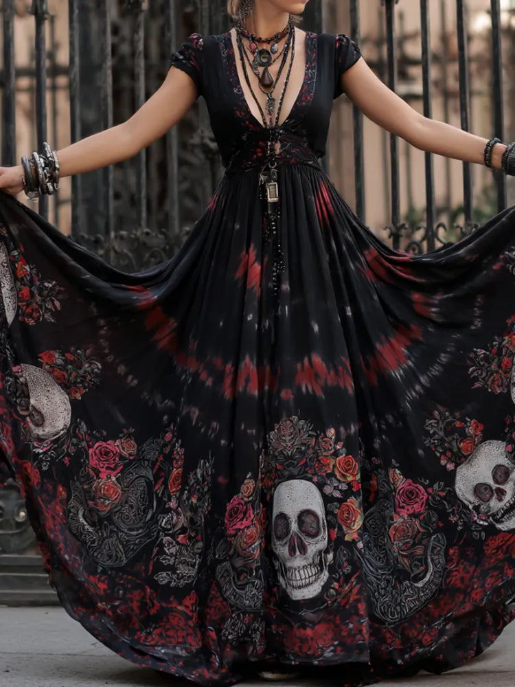 Ladies' Skull Tie-dye Blood-colored Rose Vintage Print Short-sleeved Long Dress