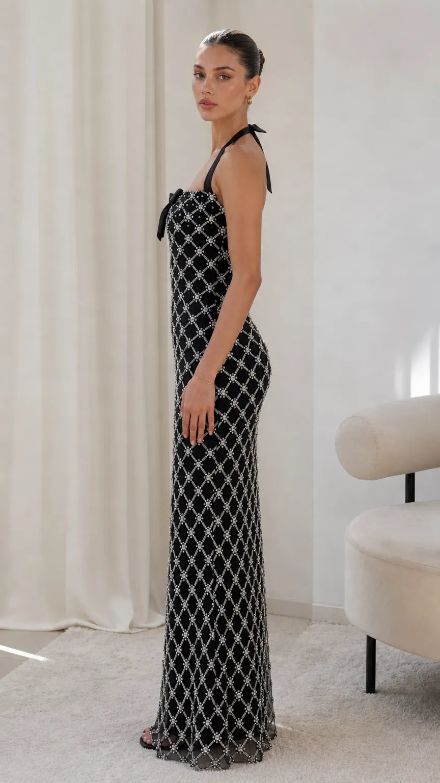 Embellished Lattice Halterneck Maxi Dress with Satin Bow Accent