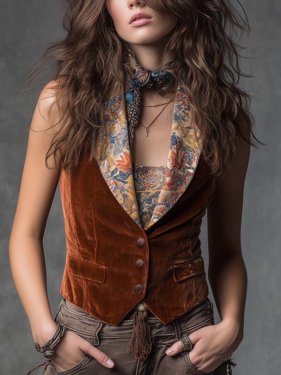 Vintage-style Printed Collar Velvet Vest