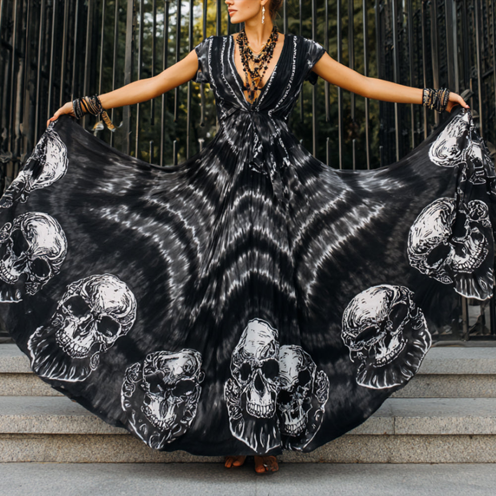 Women's Skull Tie-dye Black Vintage Floral Short-sleeved Long Dress