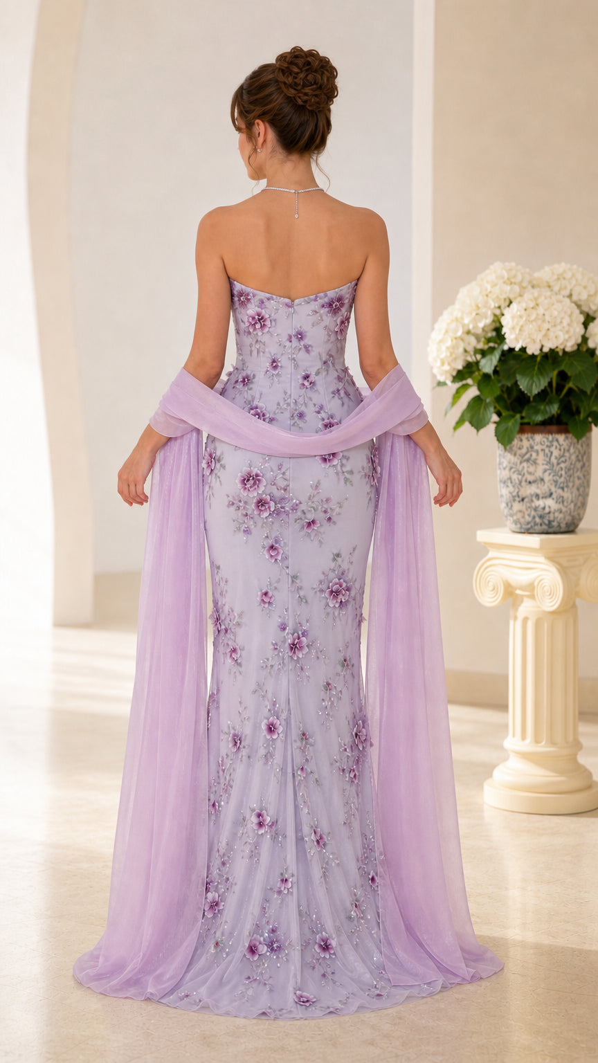Strapless 3D Floral Embroidered Evening Gown with Sheer Wrap