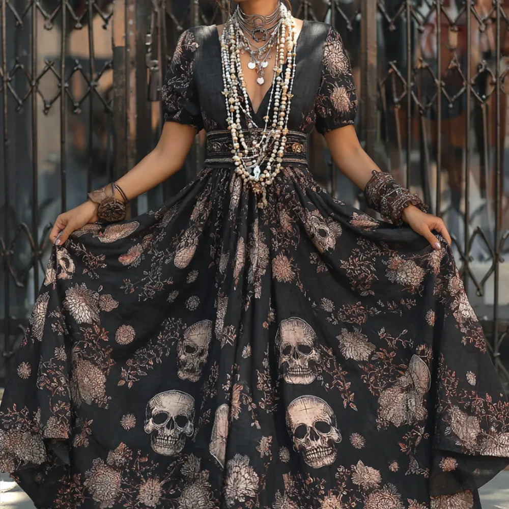 Mexican Day Of The Dead Skull Embroidery Short-sleeved Patchwork Long Dress