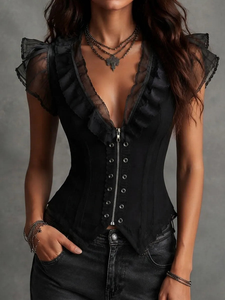 Romantic Gothic Black Ruffled Sheer Corset Vest