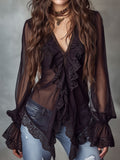 Retro Romantic Black Lace Trim Sheer Chiffon Ruffle Blouse