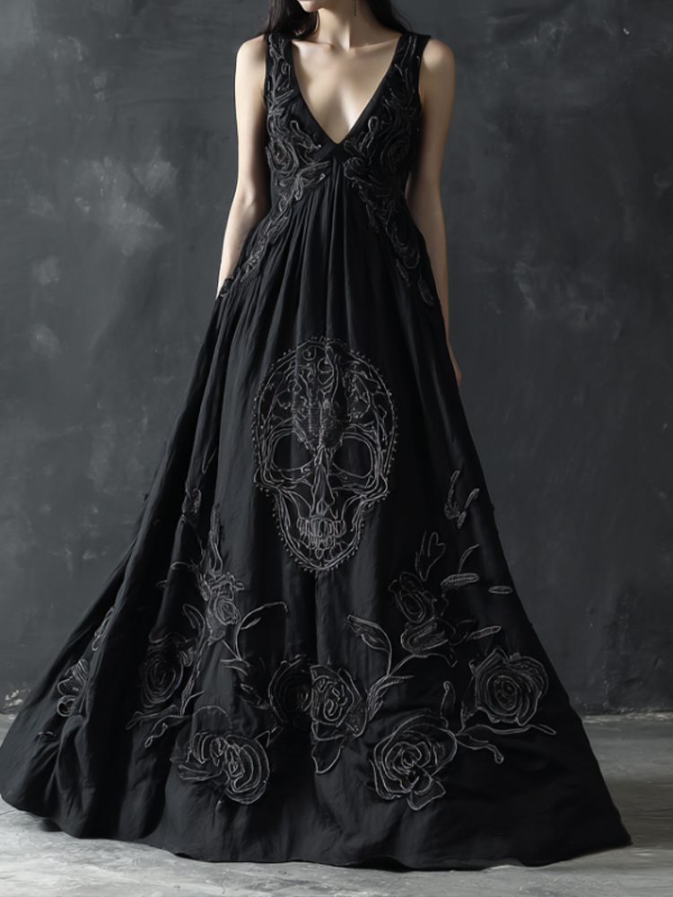 Halloween Gothic Skull Pattern Women's V-neck Long Dress