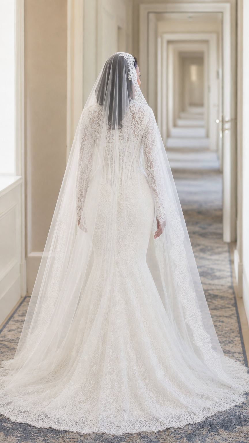 Illusion High Neck Corset Lace Mermaid Wedding Gown with Long Sleeves