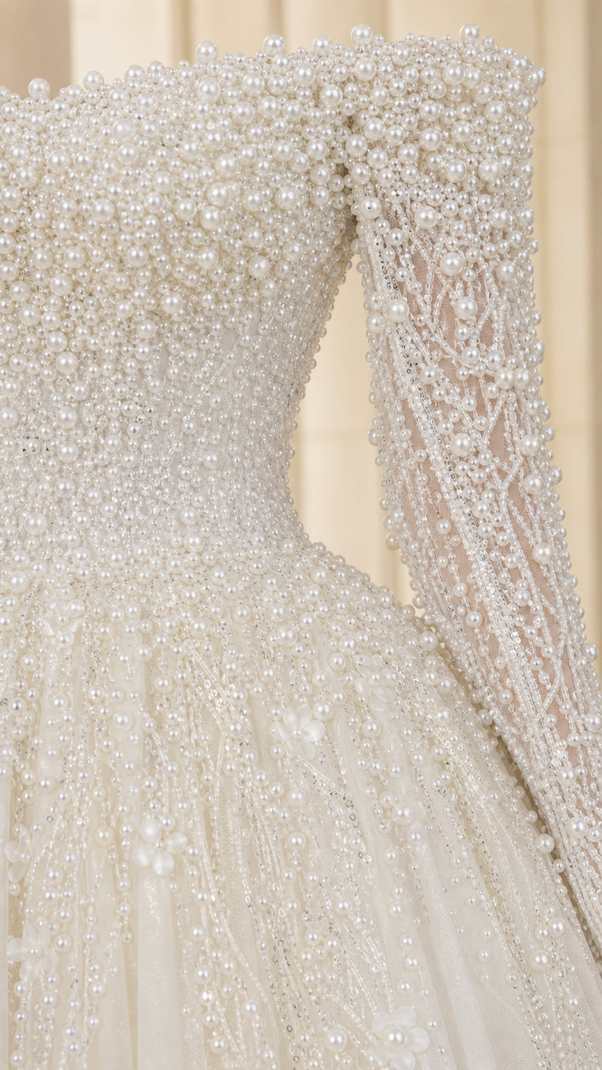 Off-the-Shoulder Long Sleeve Pearl Beaded Ball Gown