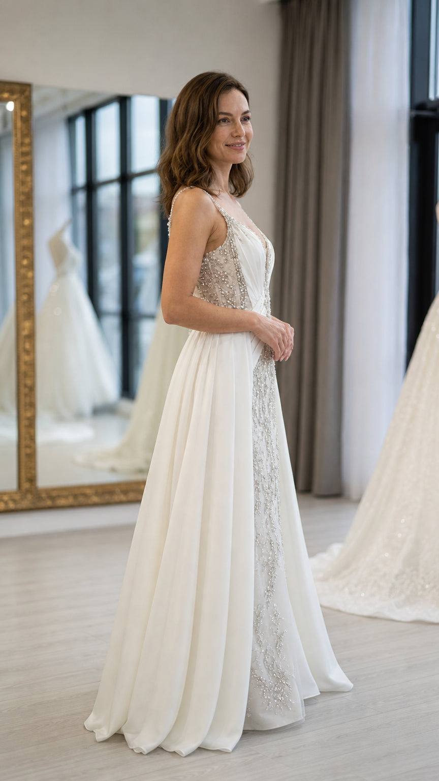 Beaded Illusion Plunge Evening Gown with Ruched Bodice and Overskirt