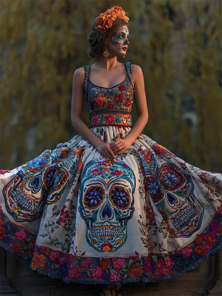 Day Of The Dead Sugar Skulls Floral Embroidered Linen Maxi Dress