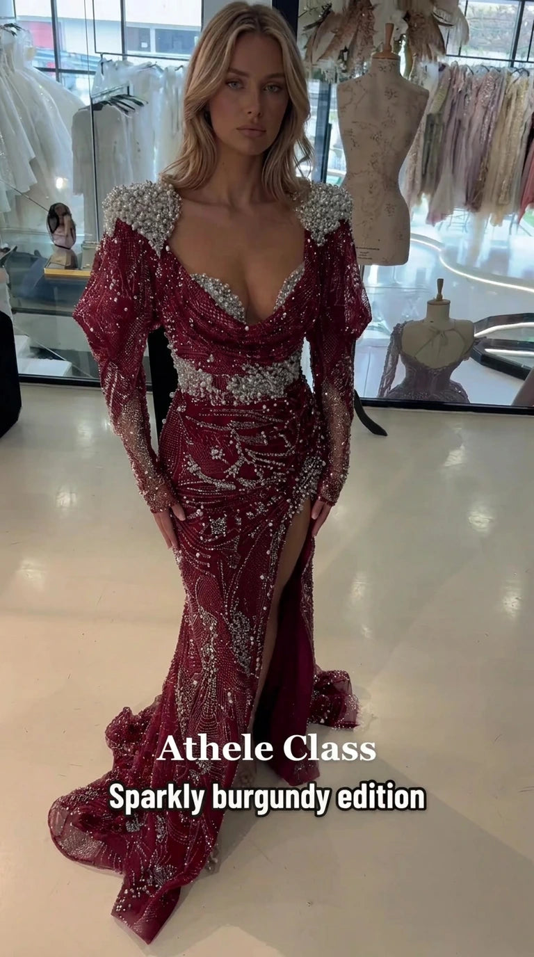 Sparkling Beaded Cowl Neck Long Sleeve Evening Gown with Slit