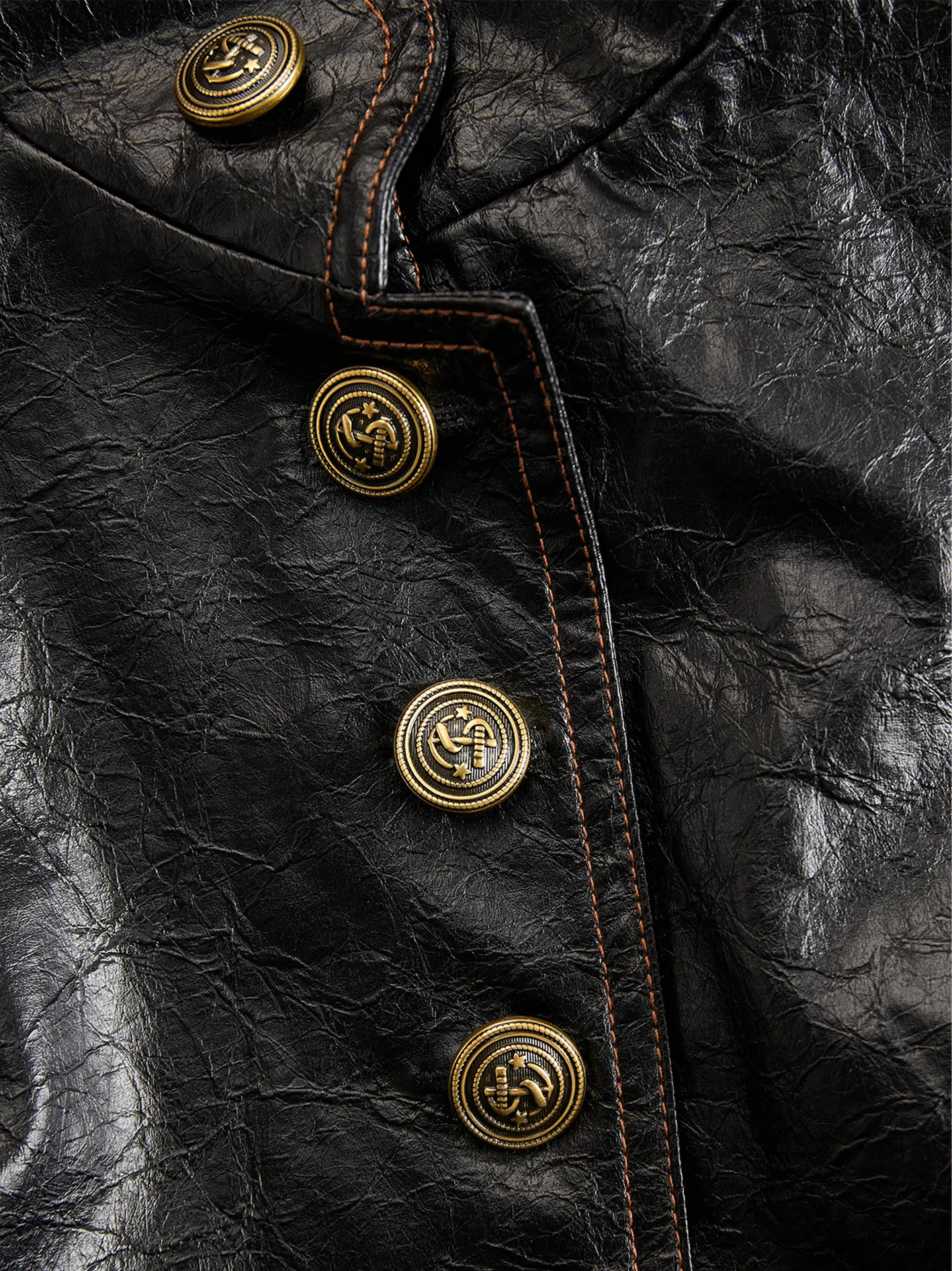 Retro Stand Collar Metal Button Pu Jacket