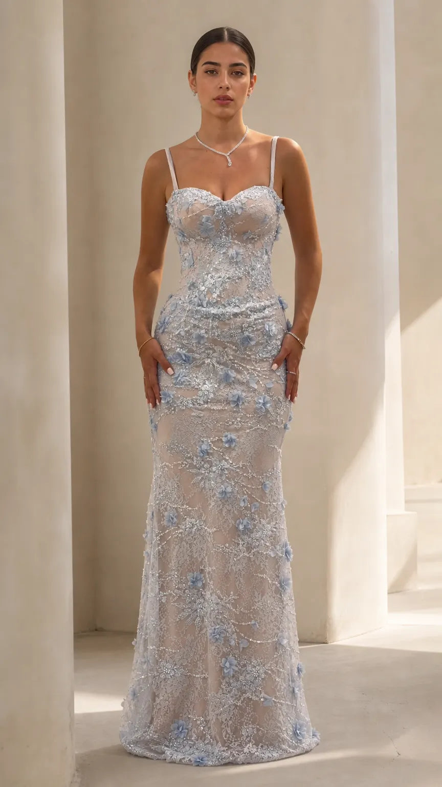 Floral Applique Spaghetti Strap Mermaid Evening Gown